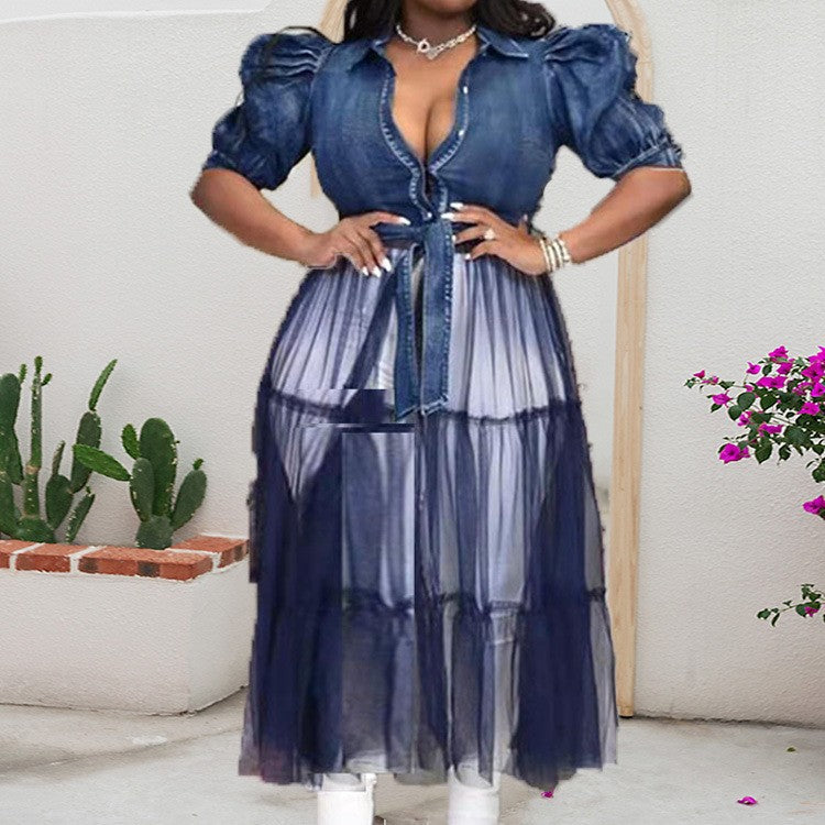 new european and american plus size women's dress cardigan long skirt elegant commute blue denim patchwork mesh skirt