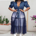 new european and american plus size women's dress cardigan long skirt elegant commute blue denim patchwork mesh skirt