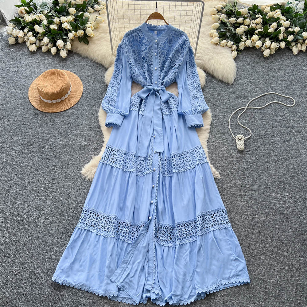 French retro court style heavy embroidered hollow-out lace patchwork tie-waist single-breasted elegant long dress for women