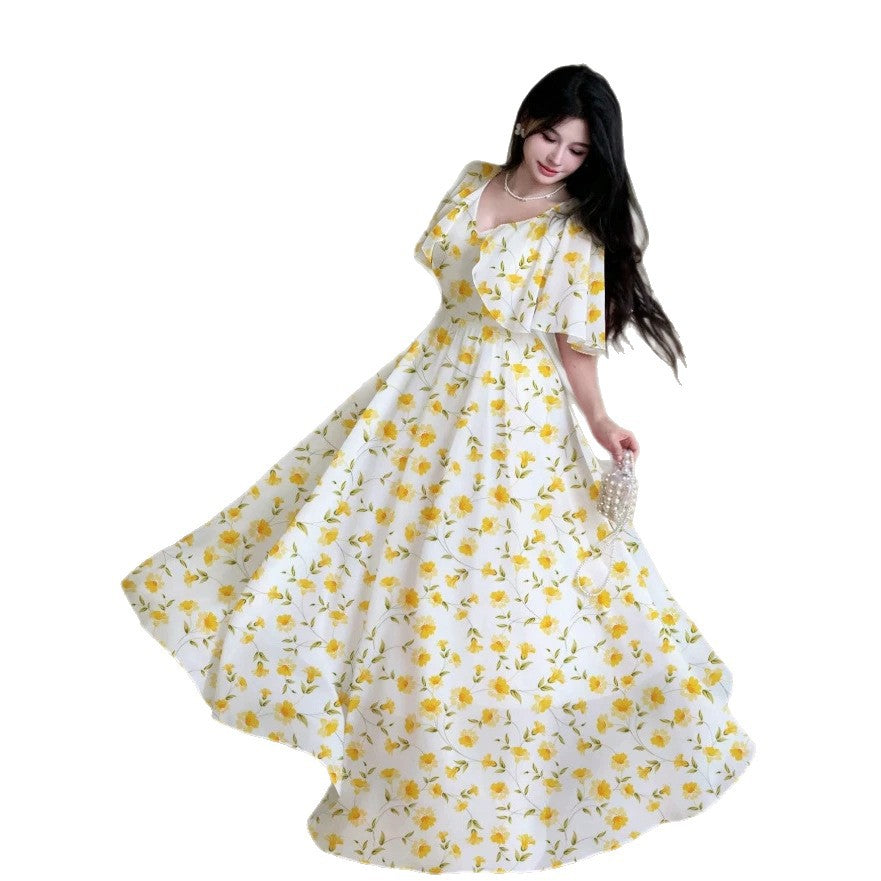 new european and american style white dress with yellow floral print, v-neck, double-layer flutter sleeves, a-line silhouette, and chiffon fabric