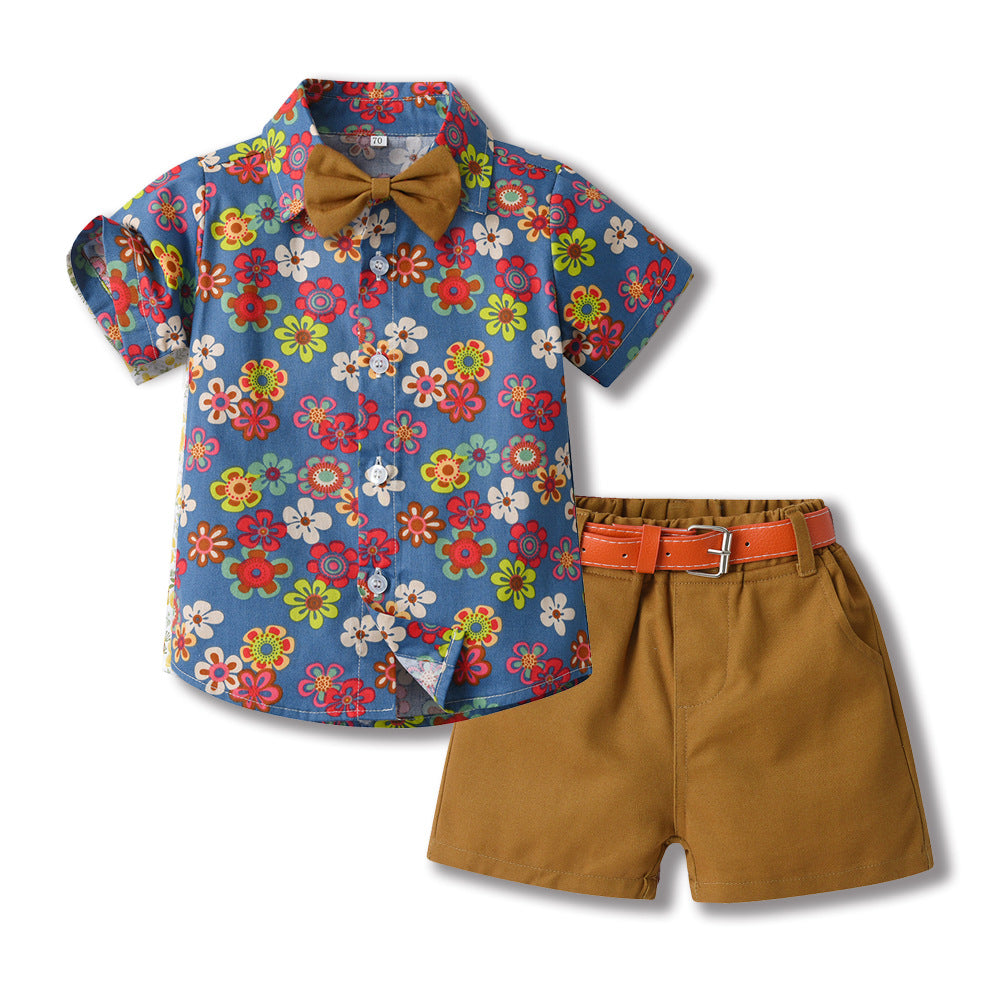 Boys' summer outfit: trendy suit with belt - new stylish and handsome summer short-sleeve shirt for fashionable babies