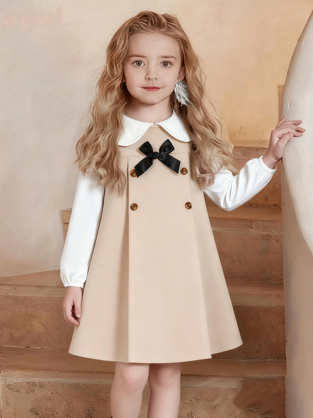 autumn girls' dress - khaki color block, peter pan collar shirt with bow tie, children's princess dress