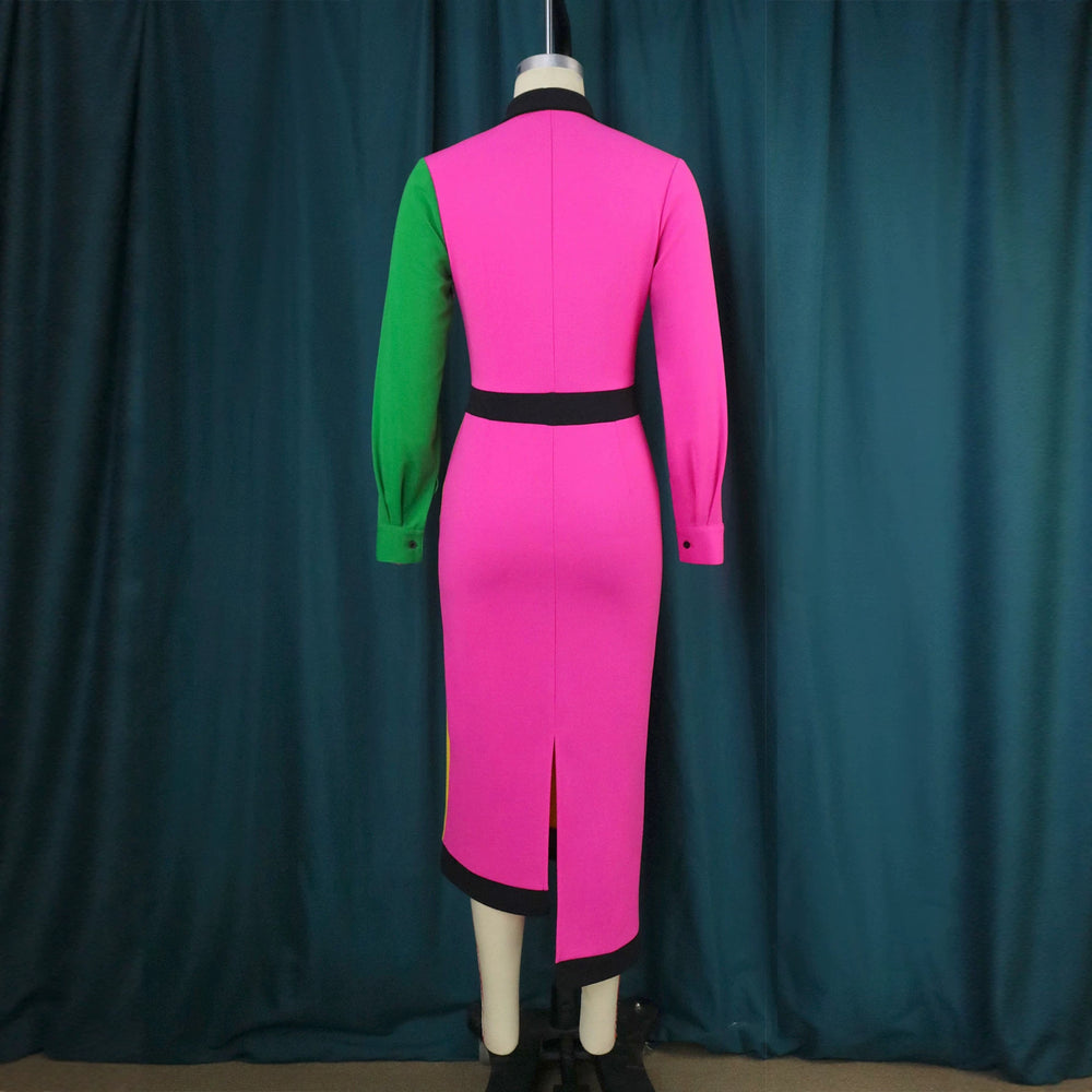 Fall and winterlong sleevespatchworkcontrast color slitelegancedress shirt collarwork clothing dinner hip-covering dressdresses