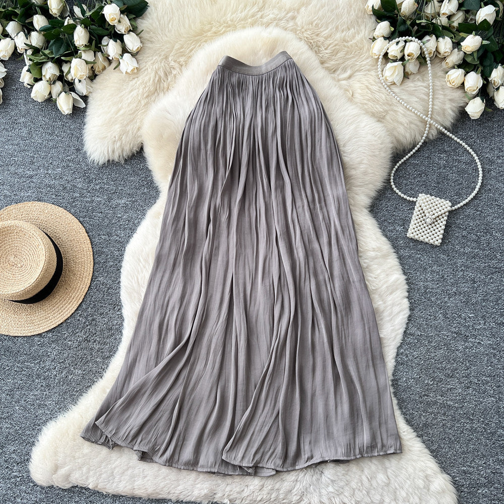 K-style high waist pleated elastic waist skirt women's summera-shaped pleated large hem work clothingelegant long skirt multi-color