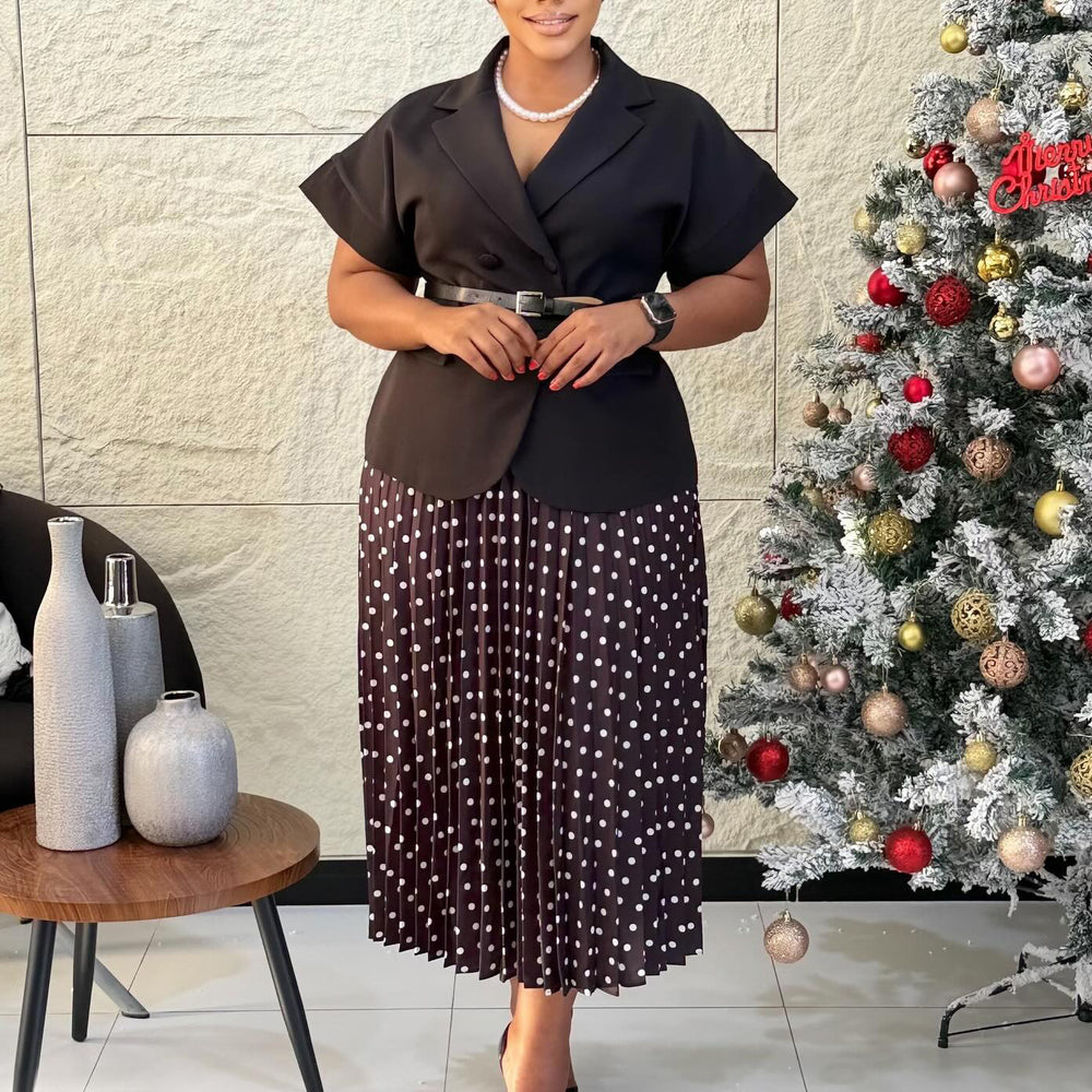 D620 european and american export new arrival elegant blazer collar short sleeve top polka dot pleated midi skirt african cross-border outfit set