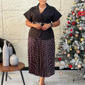 D620 european and american export new arrival elegant blazer collar short sleeve top polka dot pleated midi skirt african cross-border outfit set