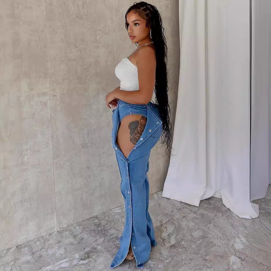European and american style high-waisted jeans -  cross-border women's fashion streetwear - double side button closure casual trousers