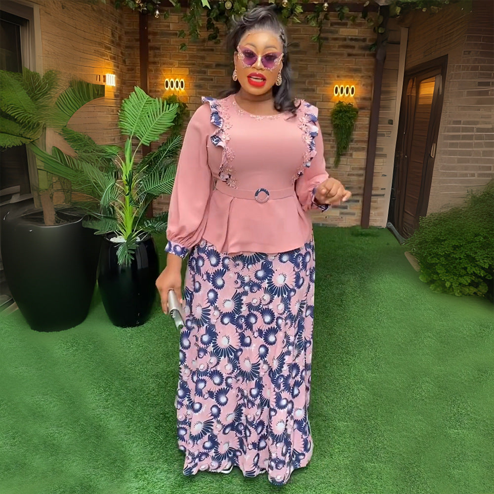 European and american cross-border e-commerce african women's plus size printed dress  elegant commuter skirt two-piece set
