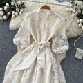 Korean style lace a-line embroidered hollow-out dress - women's spring/summer long sleeve slimming waist-defining commute maxi dress - pink