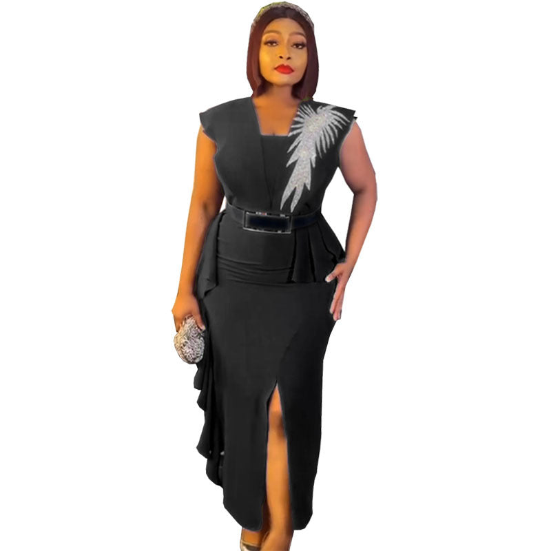 Special offer: african women's slim-fit slit pencil dress with rhinestone and ruffle detail - fashionable sleeveless two-piece look
