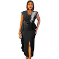 Special offer: african women's slim-fit slit pencil dress with rhinestone and ruffle detail - fashionable sleeveless two-piece look