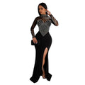 C6825 cross-border   fashion women's solid color mesh rhinestone slit maxi dress