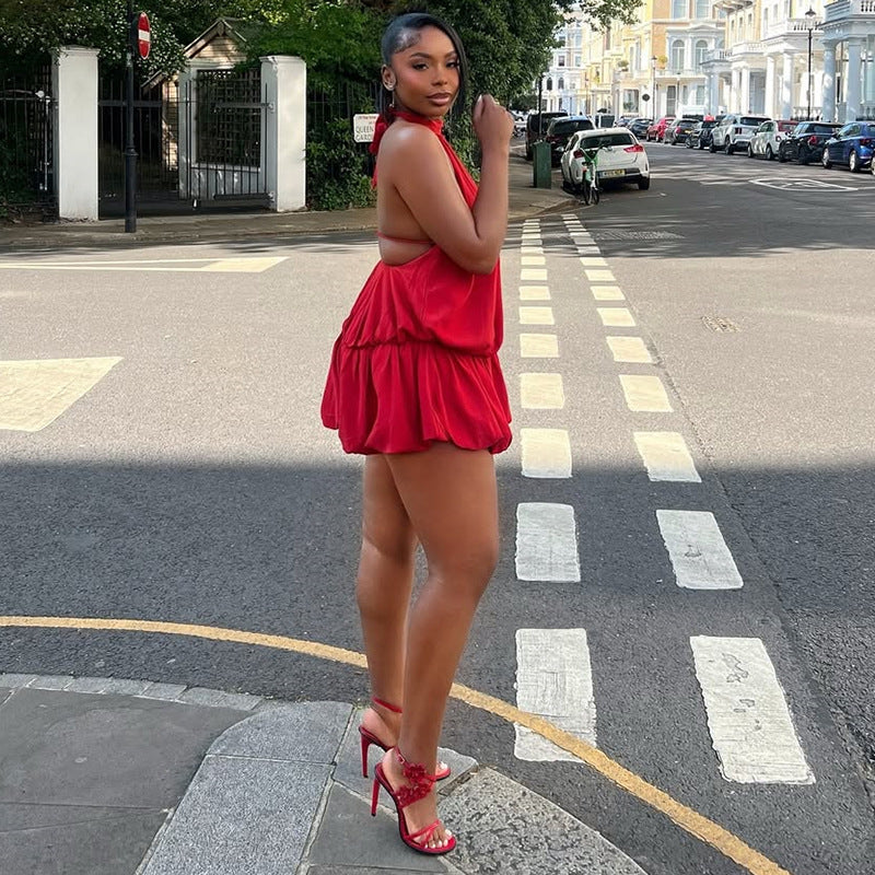European and american cross-border women's fashion  summer new sexy elegant sleeveless tie-back open back short cami dress
