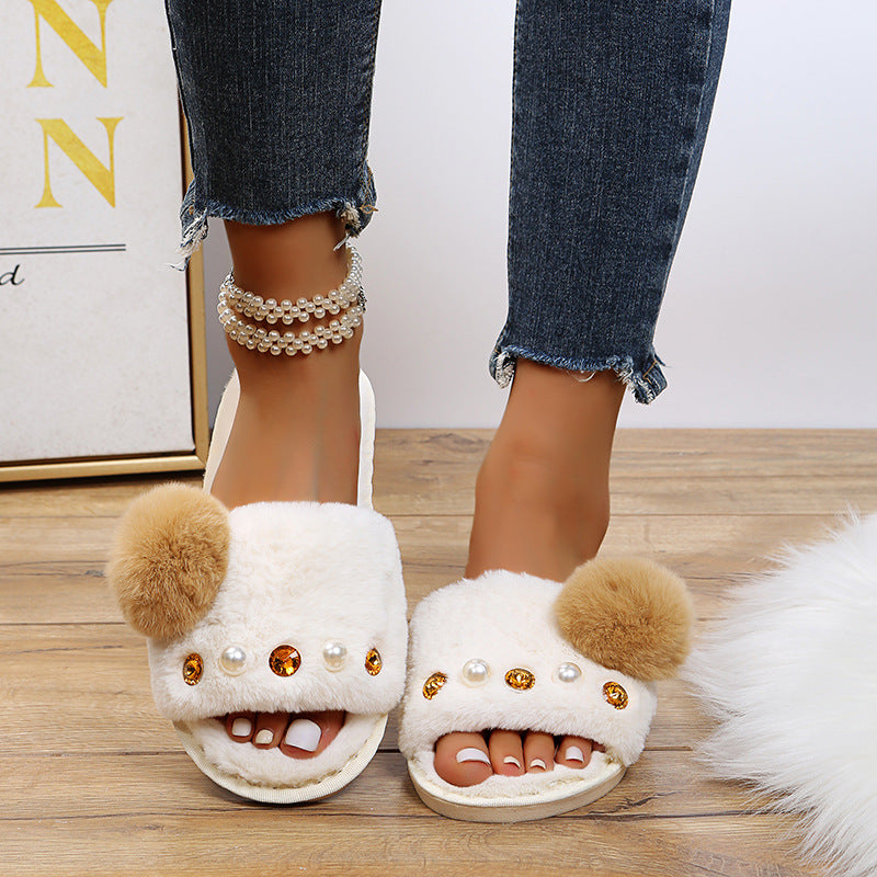 2024 european and american export fox fur slippers women's winter outdoor wear real fur one-strap slides fur warm slippers for women