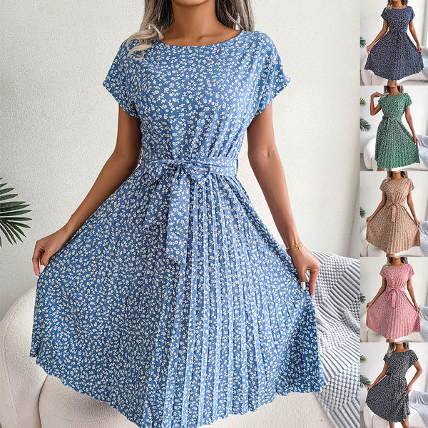 ins style real shot spring and summer new casual short-sleeved floral big pleated skirt,  European and American  women's clothing