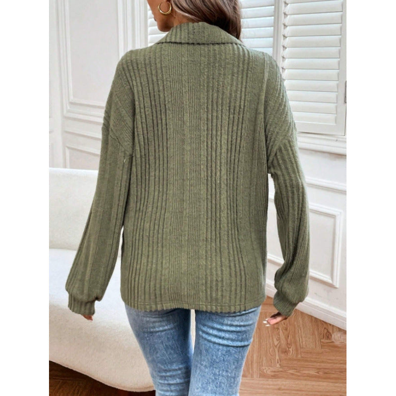 cross-border women's ribbed knit half-open cardigan with stand collar, puff sleeves, and relaxed fit