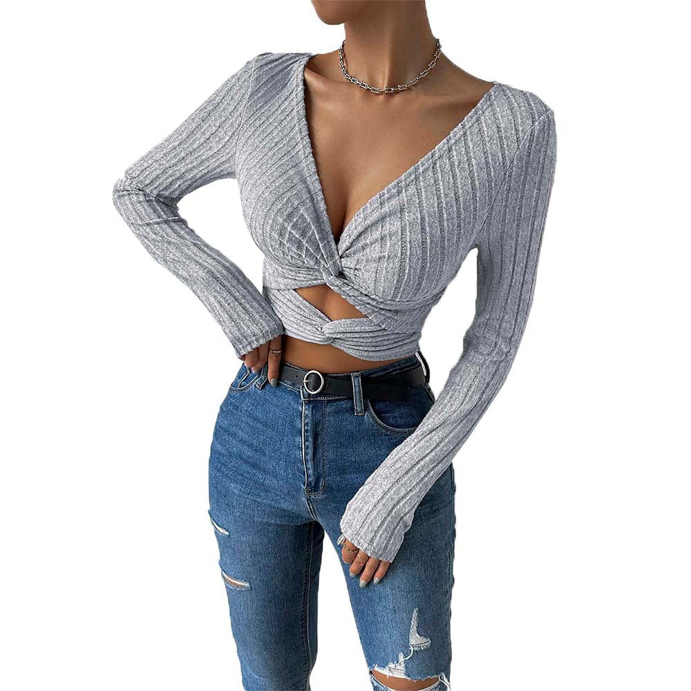 cross-border women's fashion: sexy v-neck tee - autumn/winter cropped slim-fit top with a touch of flair