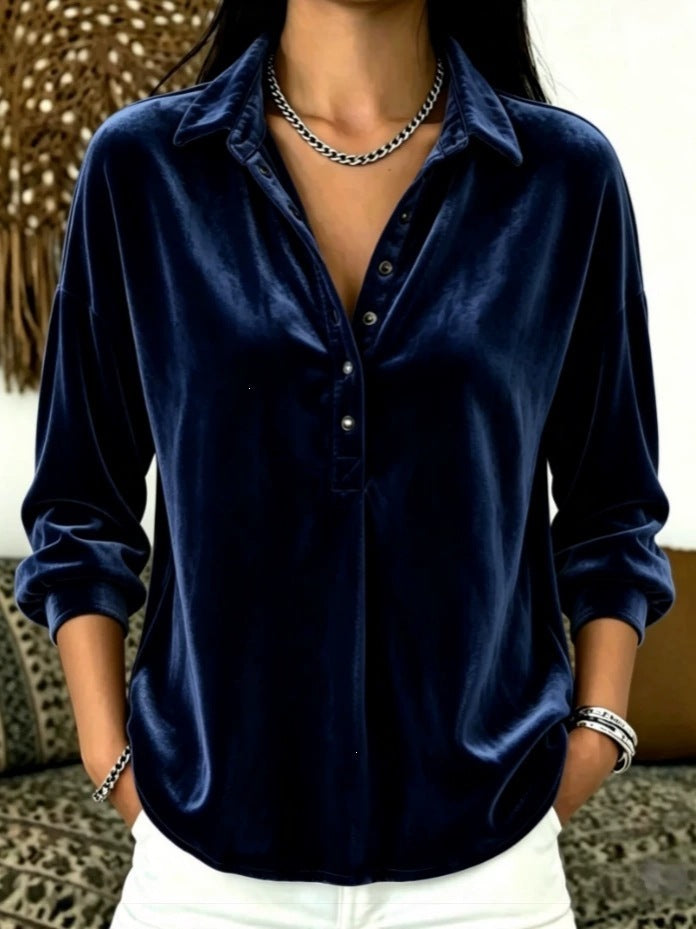 independent station fall and winterbest sellingcasualfashion women's gold velvet pure color lapel tops