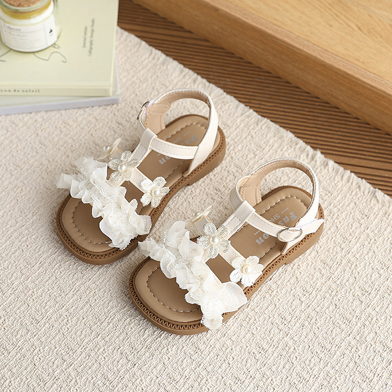 Summer  new girls' fashion floral princess thong sandals - kids' soft sole beach shoes with a fairy-tale touch