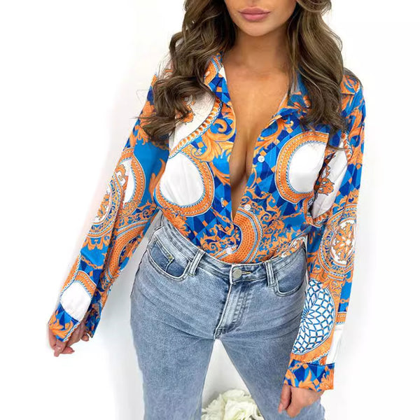 Spot,  European and American women's clothing shirts women's spring and autumn  tops lapel cardigan printed shirts autumn long sleeves