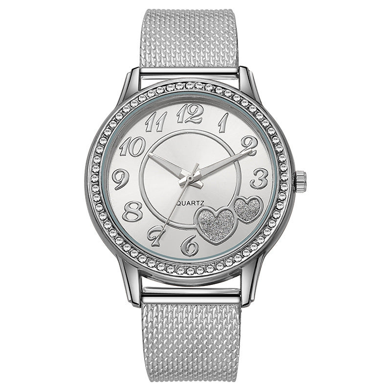 New fashion cross-border heart mesh strap quartz watch student rose gold heart diamond ladies watch wholesale silver