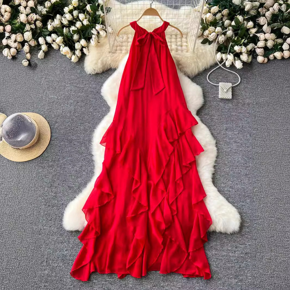 Beach vacation dress - women's alluring & ethereal halter neck ruffle chiffon fairy dress - french style sleeveless maxi dress