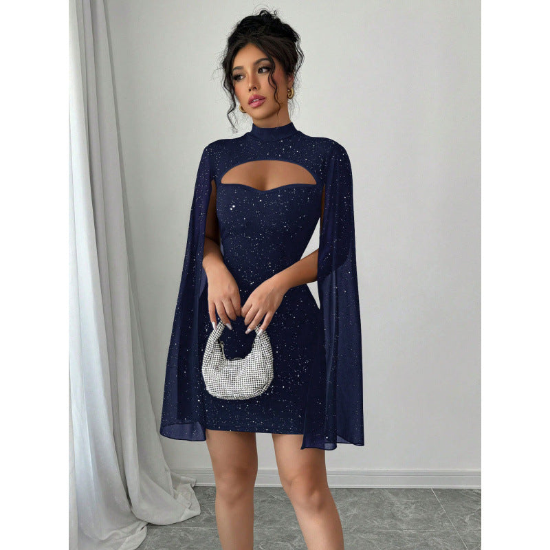 Full real shot export1688  fashion shawl sleeve hot stamping dress