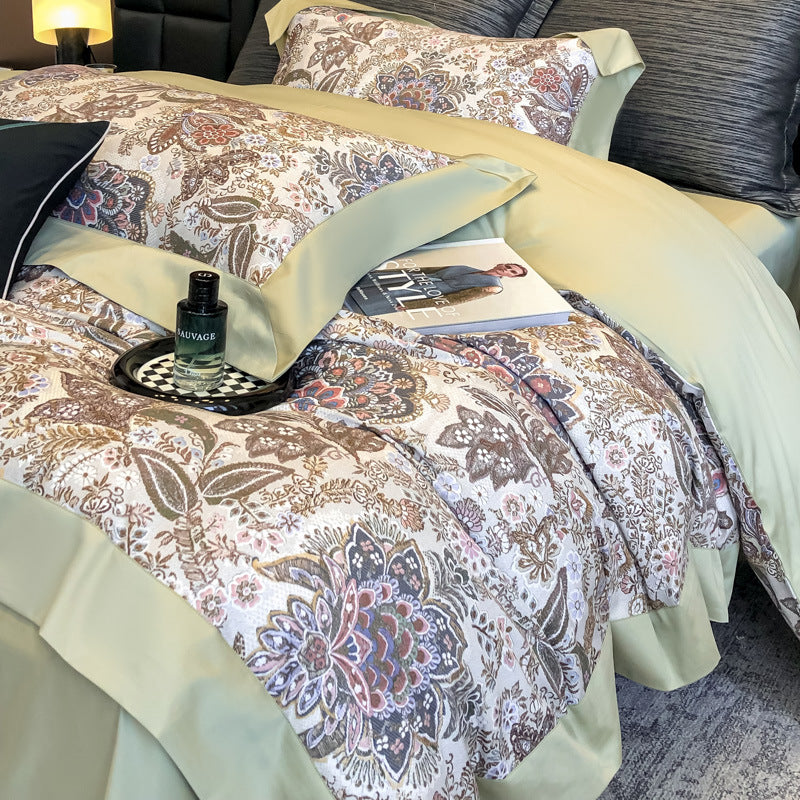 Spring and summer light luxury high-end 100s long-staple cotton printed bed four-piece set pure cotton wide-edge quilt cover cotton bed sheet 4