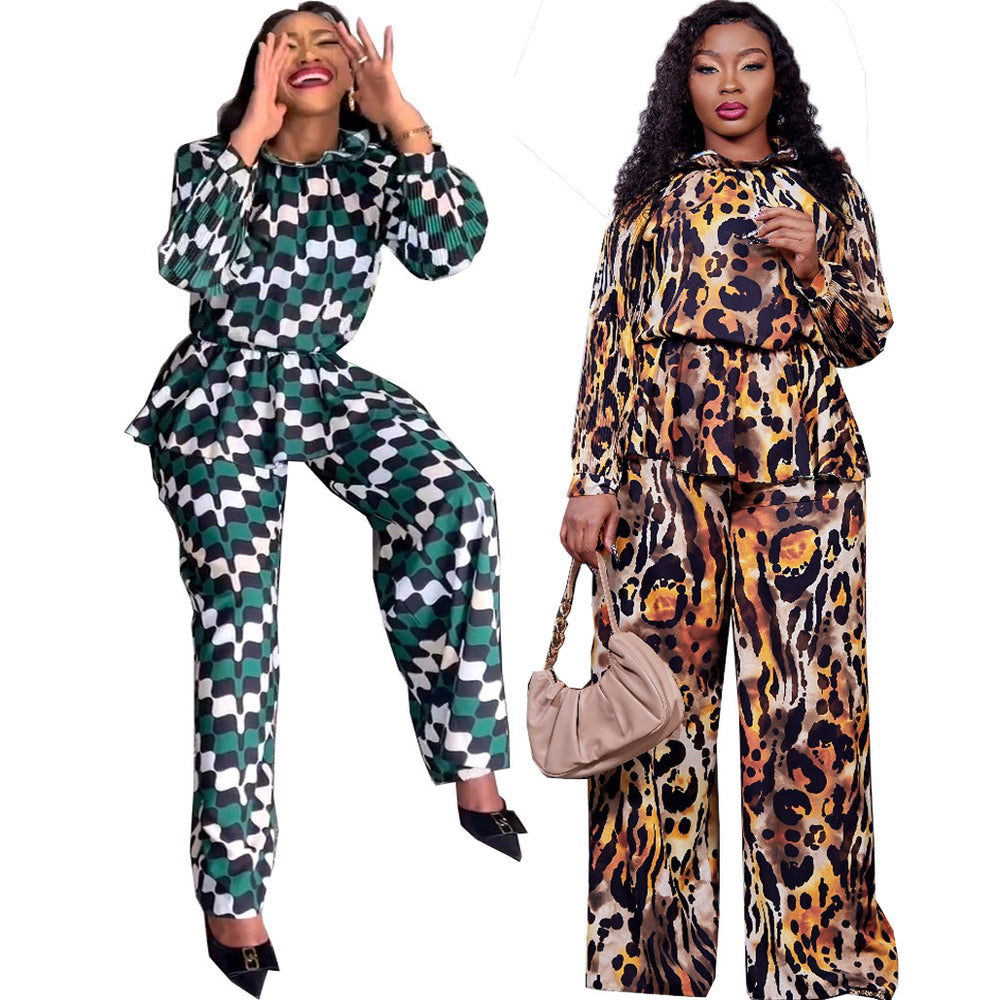 supply digital printing lantern long sleeves pleated waist comfortable tops and pants suit big sale