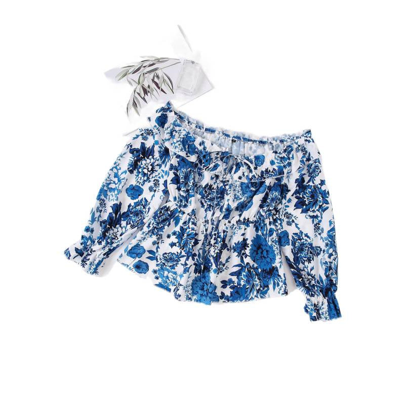 cross-border listing: new  women's original elegant chic one-shoulder long sleeve floral top