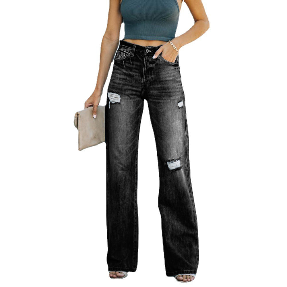 Fashion cross-border independent station new arrival  casual pants slimming lookelegant ripped denim loose pants pants for women trendy