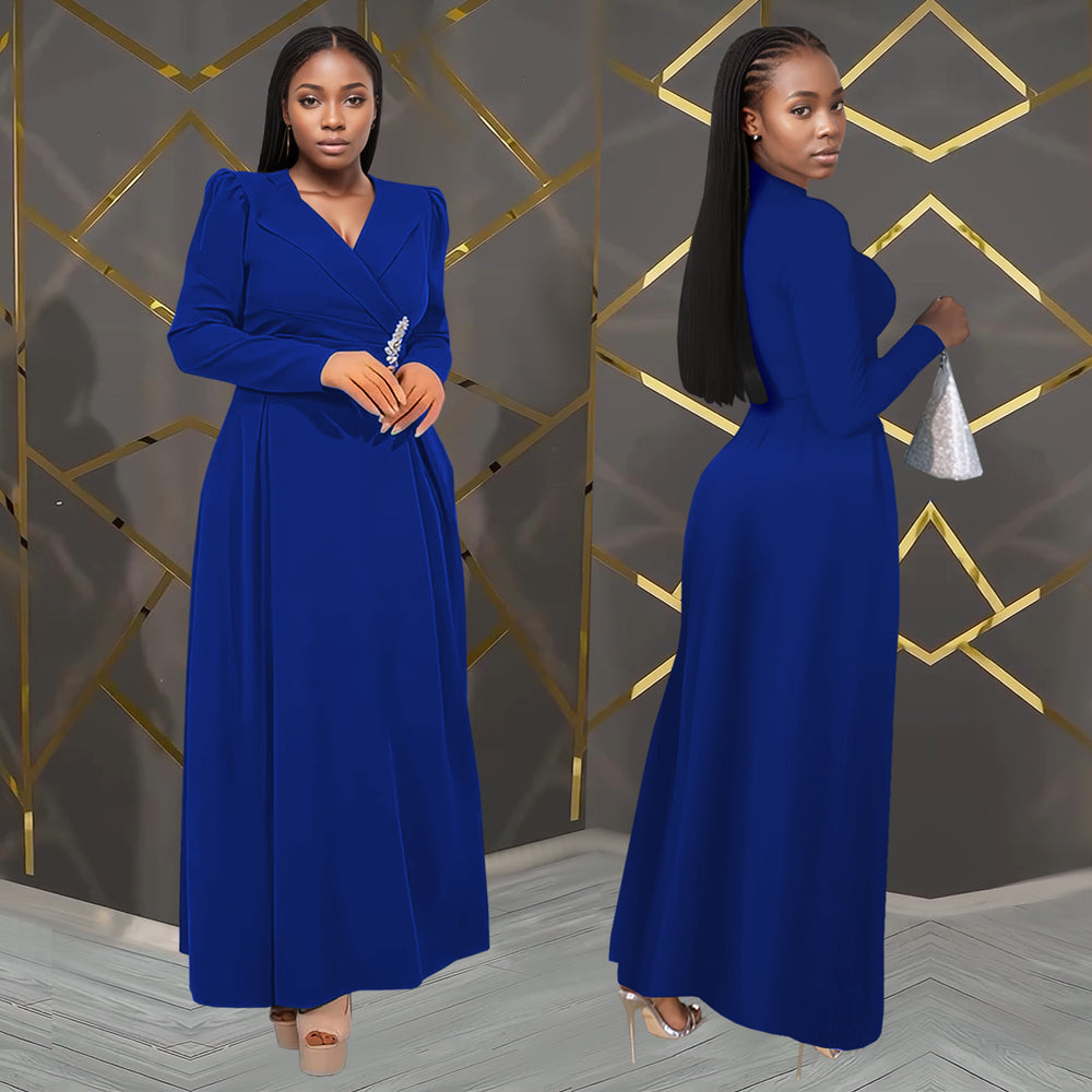 C7411 cross-border   fashion women's elegant waist-cinching criss-cross collar long-sleeve dress