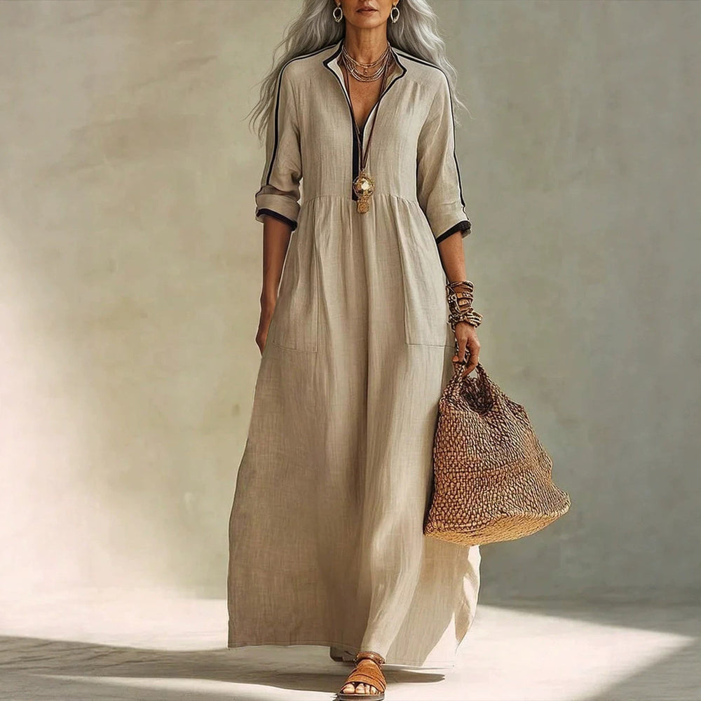 Exportnew arrivalshirt long skirt contrast color trim stand collar half placket three-quarter sleeves flap pocket pants cotton and linen women's dress