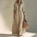 Exportnew arrivalshirt long skirt contrast color trim stand collar half placket three-quarter sleeves flap pocket pants cotton and linen women's dress
