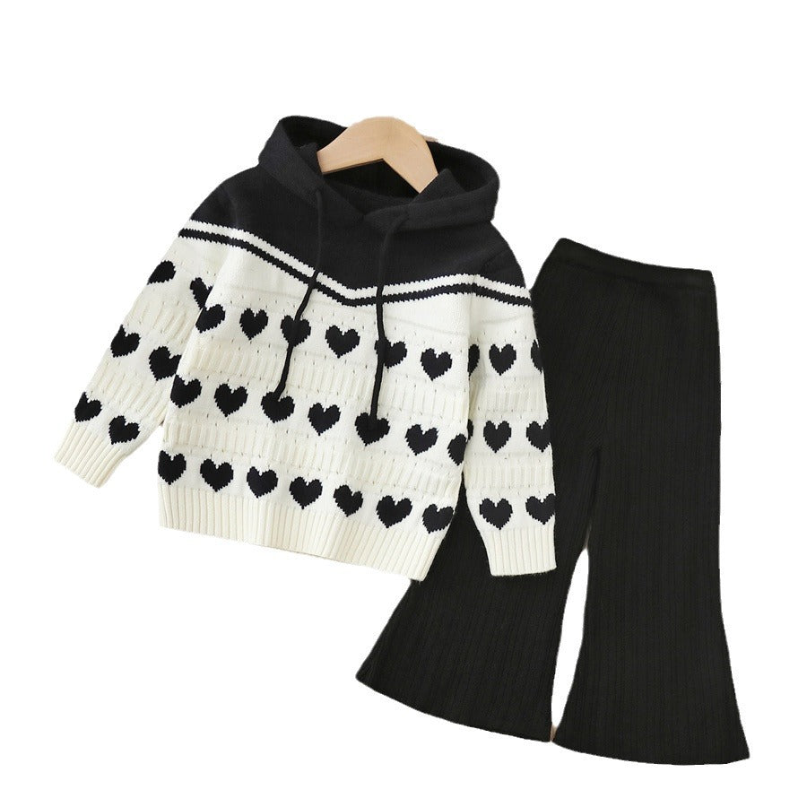 Girls' sweater two-piece set:  autumn/winter new collection - knitted hoodie and pants set for mid-sized children