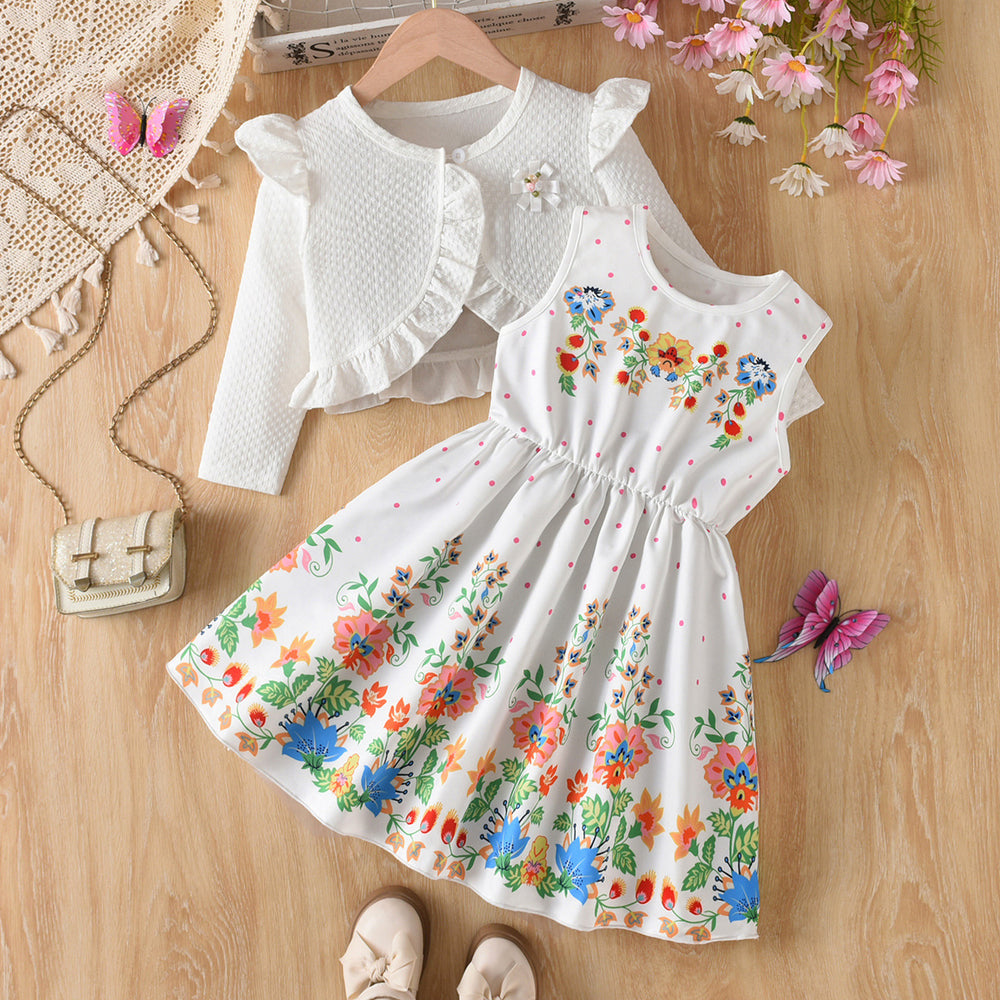 Girls' fall two-piece outfit: white tank dress with colorful floral ruffle overlay