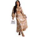 C6881 cross-border   fashion women's printed sexy long sleeve cropped maxi dress two-piece set