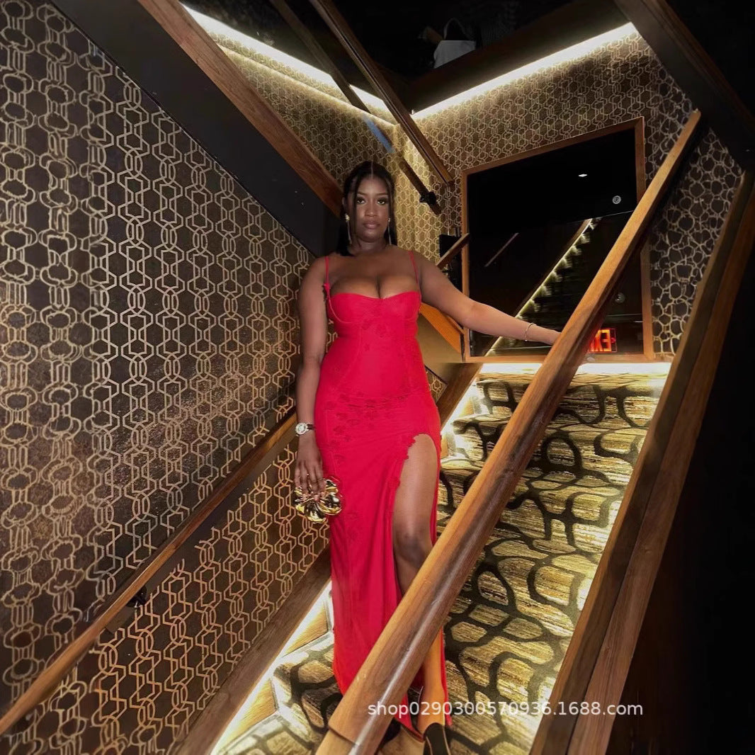 SDM112 autumn and winter European and American new suspender three-dimensional flower slit long dress party dress wholesale Dress