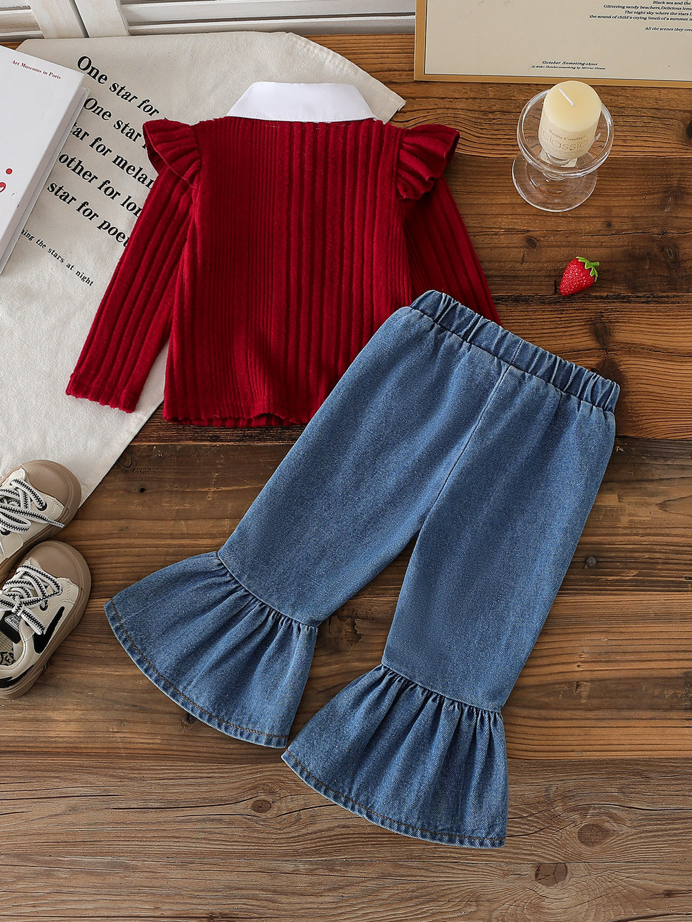 European and american cross-border new spring/autumn baby ribbed knit top with ruffle sleeves + embroidered strawberry denim pants two-piece set