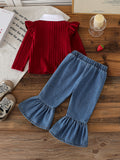 European and american cross-border new spring/autumn baby ribbed knit top with ruffle sleeves + embroidered strawberry denim pants two-piece set