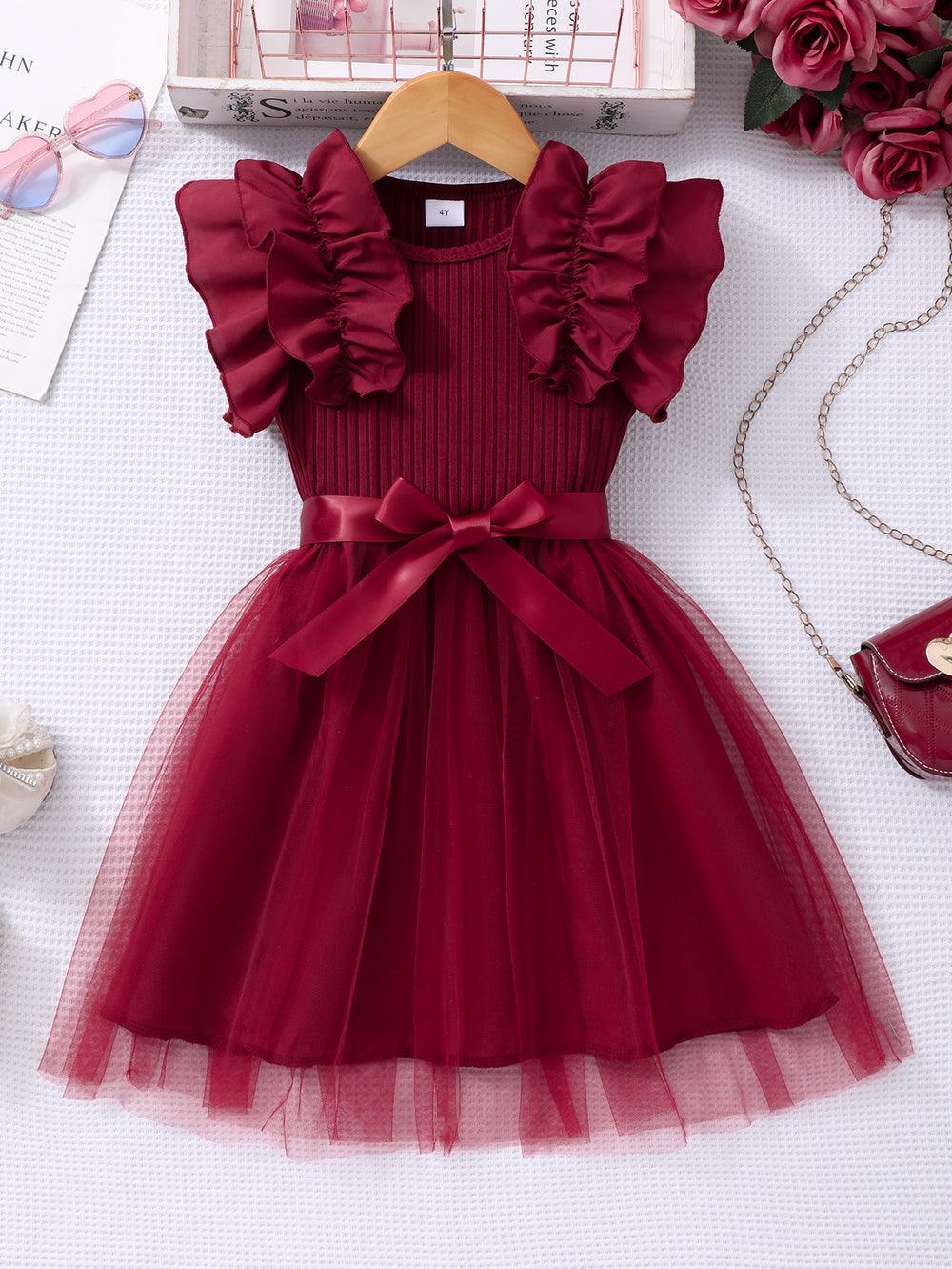 Girls' plus/minus size dress, ruffle flutter sleeve ribbed knit mesh round neck summer casual dress