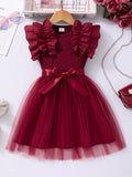 Girls' plus/minus size dress, ruffle flutter sleeve ribbed knit mesh round neck summer casual dress