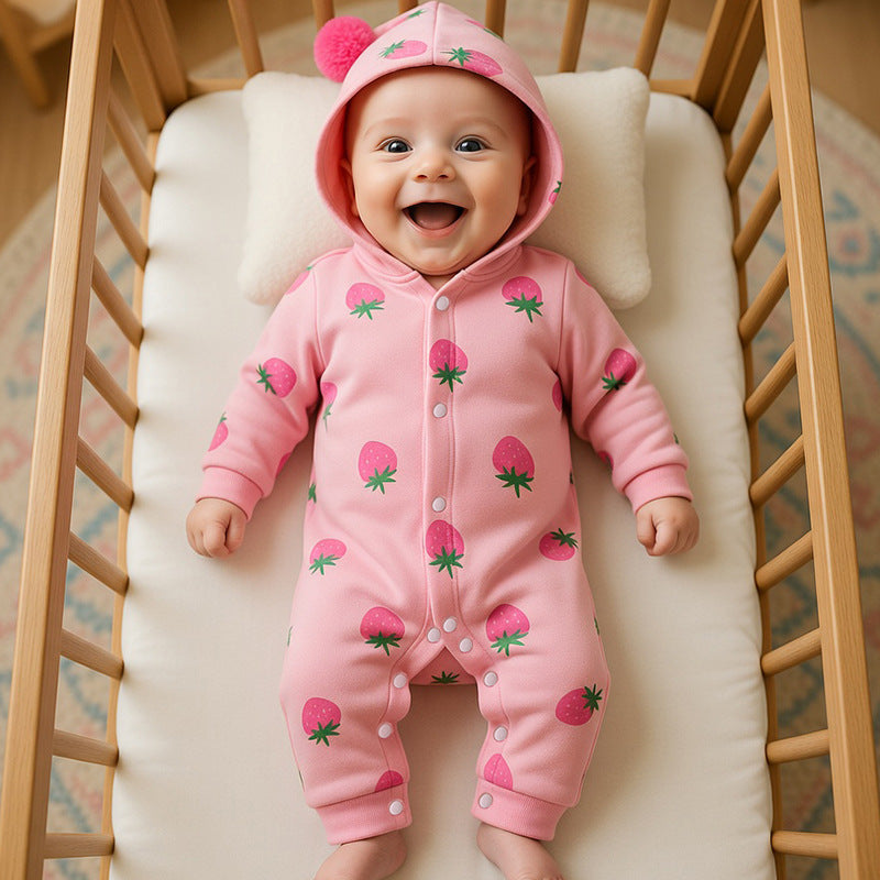 Newborn baby clothes spring collection: newborn girl romper, double-layered full month long-sleeve, spring/autumn outing strawberry crawling suit
