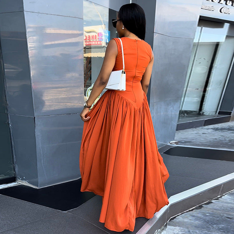 European and american cross-border women's clothing:  summer new arrival - elegant round neck, hollow-out, slim-fit, mid-length sleeveless dress