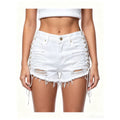 White ripped and frayed denim shorts with tie straps, high-waisted hot pants for women, summer style. spicy girl sexy distressed jeans