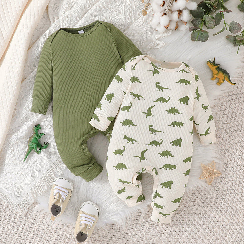 newborn & infant casual long-sleeve solid color romper with dinosaur print romper two-piece set