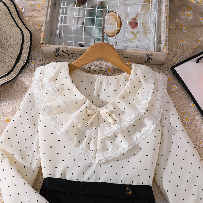 spring new arrival: cross-border girls' and big girls' outfit set - stylish v-neck polka dot lace trim long sleeve casual pants