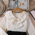 spring new arrival: cross-border girls' and big girls' outfit set - stylish v-neck polka dot lace trim long sleeve casual pants
