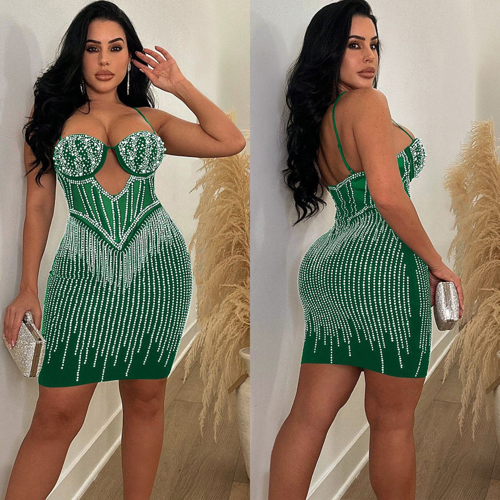 C6753 cross-border   fashion women's solid color mesh rhinestone camisole mini dress