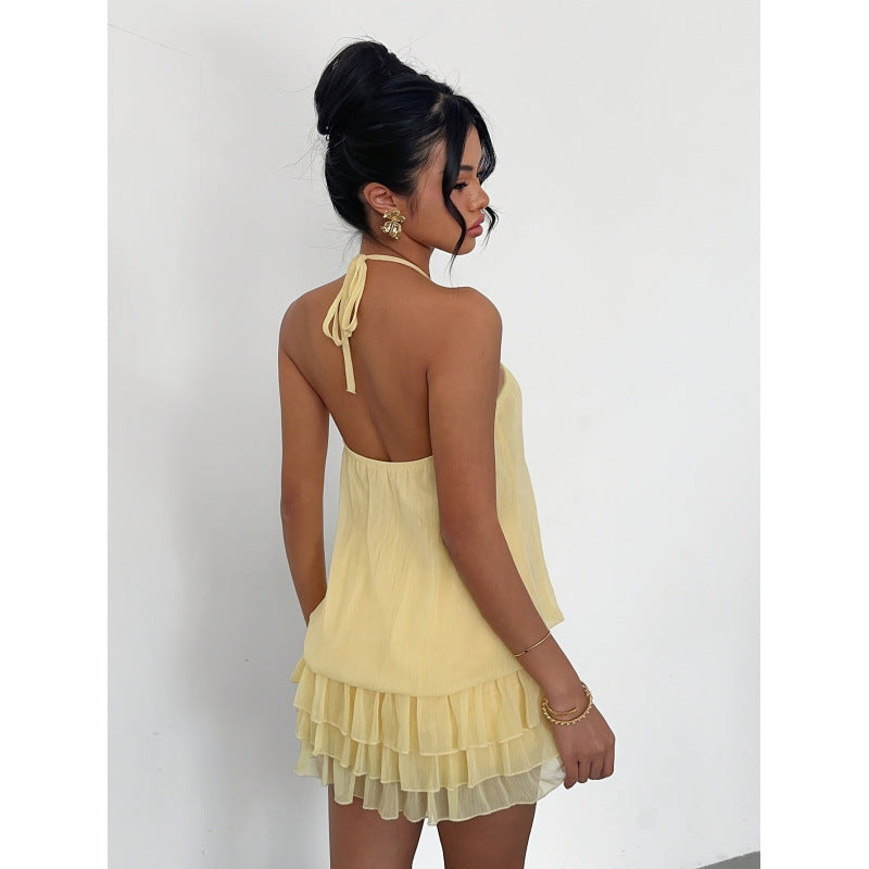 Women's summer fashion elegant 3d floral embellished sexy low-rise backless ruffle hem mini dress